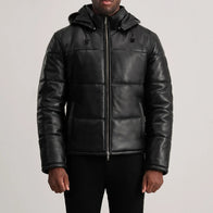 Gordon Black Hooded Leather Puffer Jacket by Dash Racegear - men Jacket view 4