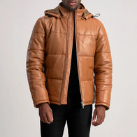 Gordon Tan Hooded Leather Puffer Jacket by Dash Racegear - men Jacket view 1