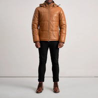 Gordon Tan Hooded Leather Puffer Jacket by Dash Racegear - men Jacket view 3