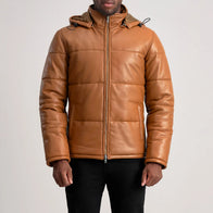 Gordon Tan Hooded Leather Puffer Jacket by Dash Racegear - men Jacket view 4