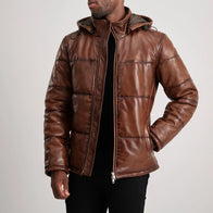 Gordon Waxed Brown Hooded Leather Puffer Jacket by Dash Racegear - men Jacket view 1