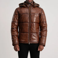 Gordon Waxed Brown Hooded Leather Puffer Jacket by Dash Racegear - men Jacket view 4