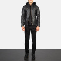 Hector Black Hooded Leather Biker Jacket by Dash Racegear - men Jacket view 3