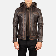 Hector Vintage Brown Hooded Leather Biker Jacket by Dash Racegear - men Jacket view 1