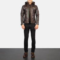 Hector Vintage Brown Hooded Leather Biker Jacket by Dash Racegear - men Jacket view 3