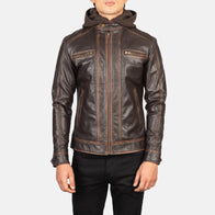 Hector Vintage Brown Hooded Leather Biker Jacket by Dash Racegear - men Jacket view 4