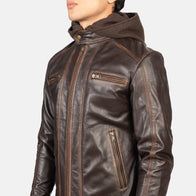 Hector Vintage Brown Hooded Leather Biker Jacket by Dash Racegear - men Jacket view 6