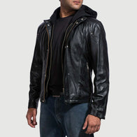 Highschool Black Hooded Leather Jacket by Dash Racegear - men Jacket view 2