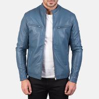 Ionic Blue Leather Biker Jacket by Dash Racegear - men Jacket view 1