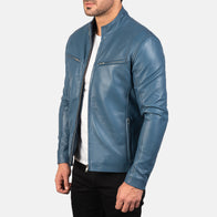 Ionic Blue Leather Biker Jacket by Dash Racegear - men Jacket view 2
