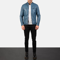 Ionic Blue Leather Biker Jacket by Dash Racegear - men Jacket view 3