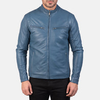 Ionic Blue Leather Biker Jacket by Dash Racegear - men Jacket view 4