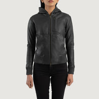 Luna Black Hooded Leather Bomber Jacket by Dash Racegear - women Jacket view 4