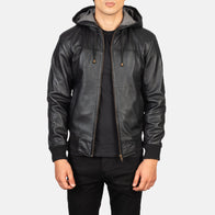 Nintenzo Black Hooded Leather Bomber Jacket by Dash Racegear - men Jacket view 1