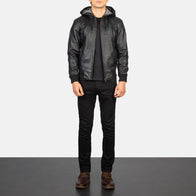 Nintenzo Black Hooded Leather Bomber Jacket by Dash Racegear - men Jacket view 3