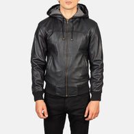 Nintenzo Black Hooded Leather Bomber Jacket by Dash Racegear - men Jacket view 4