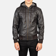 Nintenzo Brown Hooded Leather Bomber Jacket by Dash Racegear - men Jacket view 4