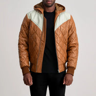 Norman Tan Hooded Bomber Leather Puffer Jacket by Dash Racegear - men Jacket view 1