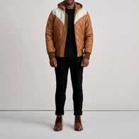 Norman Tan Hooded Bomber Leather Puffer Jacket by Dash Racegear - men Jacket view 3
