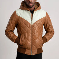 Norman Tan Hooded Bomber Leather Puffer Jacket by Dash Racegear - men Jacket view 4