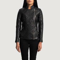 Orient Grain Quilted Black Leather Biker Jacket by Dash Racegear - women Jacket view 1