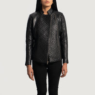 Orient Grain Quilted Black Leather Biker Jacket by Dash Racegear - women Jacket view 3