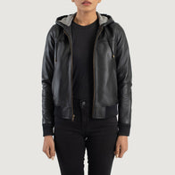Rebella Black Hooded Leather Bomber Jacket by Dash Racegear - women Jacket view 1