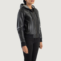 Rebella Black Hooded Leather Bomber Jacket by Dash Racegear - women Jacket view 2