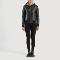 Rebella Black Hooded Leather Bomber Jacket by Dash Racegear - women Jacket view 3