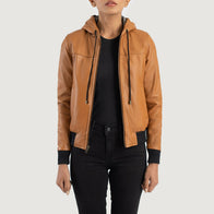 Rebella Brown Hooded Leather Bomber Jacket by Dash Racegear - women Jacket view 1