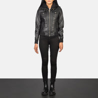 Roslyn Black Hooded Leather Bomber Jacket by Dash Racegear - women Jacket view 3