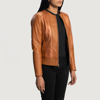 Sleeky Clean Tan Leather Biker Jacket by Dash Racegear - women Jacket view 2