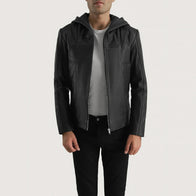 Spratt Black Hooded Leather Jacket by Dash Racegear - men Jacket view 1