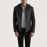 Spratt Black Hooded Leather Jacket by Dash Racegear - men Jacket view 1