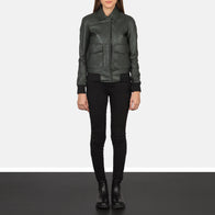 Westa A-2 Green Leather Bomber Jacket by Dash Racegear - women Jacket view 3