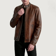 Zen Distressed Brown Leather Biker Jacket by Dash Racegear - men Jacket view 1