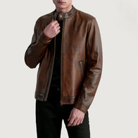 Zen Distressed Brown Leather Biker Jacket by Dash Racegear - men Jacket view 1