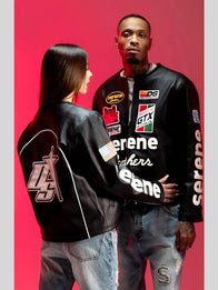 Serene GT Leather Jacket Leather Jacket unisex front product view | Dash Racegear — Serene GT leather black double zipper jacket, perfect for edgy streetwear and stylish outfits.