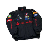 Mercedes Santander F1 Vintage Black Racing Jacket – Retro GP Edition | DASH RACEGEAR