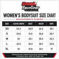 F1 Women Summer Bodysuit F1 Racing Suit Base Layer Motorsport size chart, Dash Racegear XS to XL, design 2835