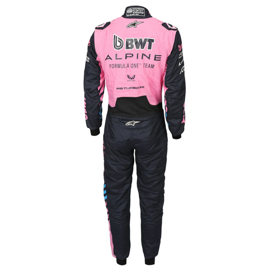 Back view of Franco Colapinto’s 2026 BWT Alpine F1 race suit in pink and navy – Dash Racegear.