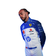 Lewis Hamilton 2025 Ferrari F1 Inspired Race Suit in Ferrari Red, Side view showing printed sponsor logos, by DASH RACEGEAR