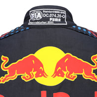 Max Verstappen 2021 Mexican Grand Prix Red Bull Racing F1 Inspired Race Suit in Navy Blue, Detail view 2 showing printed sponsor logos, by DASH RACEGEAR