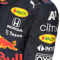 Max Verstappen 2021 Mexican Grand Prix Red Bull Racing F1 Inspired Race Suit in Navy Blue, Detail view showing printed sponsor logos, by DASH RACEGEAR