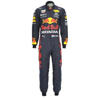 Max Verstappen 2021 Mexican Grand Prix Red Bull Racing F1 Inspired Race Suit in Navy Blue, Front view showing printed sponsor logos, by DASH RACEGEAR