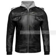 Mens Black Leather Jacket with Grey Hood Leather Jacket men front product view | Dash Racegear — mens black leather hooded jacket - grey color