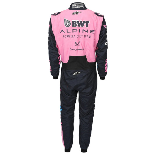 Back view of Pierre Gasly’s 2026 BWT Alpine F1 race suit in pink and navy – Dash Racegear.