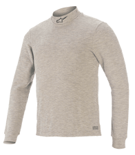 Alpinestars Race V3 Long Sleeve Top, Auto Racing Base Layer, Gray, featuring a mock neck with a black star logo, long sleeves, textured flame-resistant fabric, and Alpinestars branding on the hem