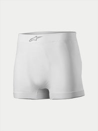 Alpinestars TECH ZX Boxer, Auto Racing Underwear, White, featuring a silver Alpinestars logo on the front waistband, lightweight flame-resistant fabric, base layer for motorsport