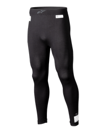 Alpinestars ZX Evo V3 Bottom, Black Motorsport Base Layer Leggings, Flame-resistant racing underwear, full-length design with white FIA and SFI certification labels, elastic waistband with grey Astars logo, sleek tapered fit